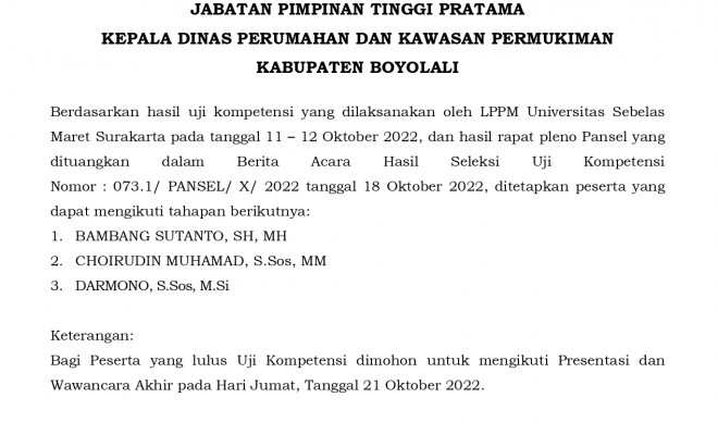 Pengumuman seleksi uji kompetensi JPT Pratama Kabupaten Boyolali Tahun 2022